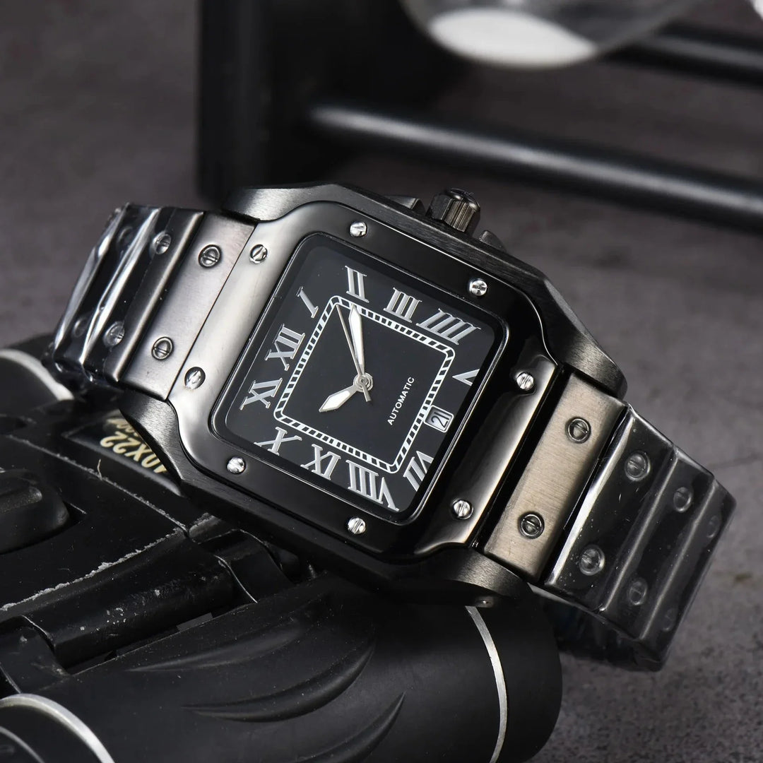 A black rectangular wristwatch with a metal band, Roman numerals, and silver accents rests on a dark surface. Showcasing Swiss Craftsmanship, the watch reads 10:10, and part of another object is visible beneath it.