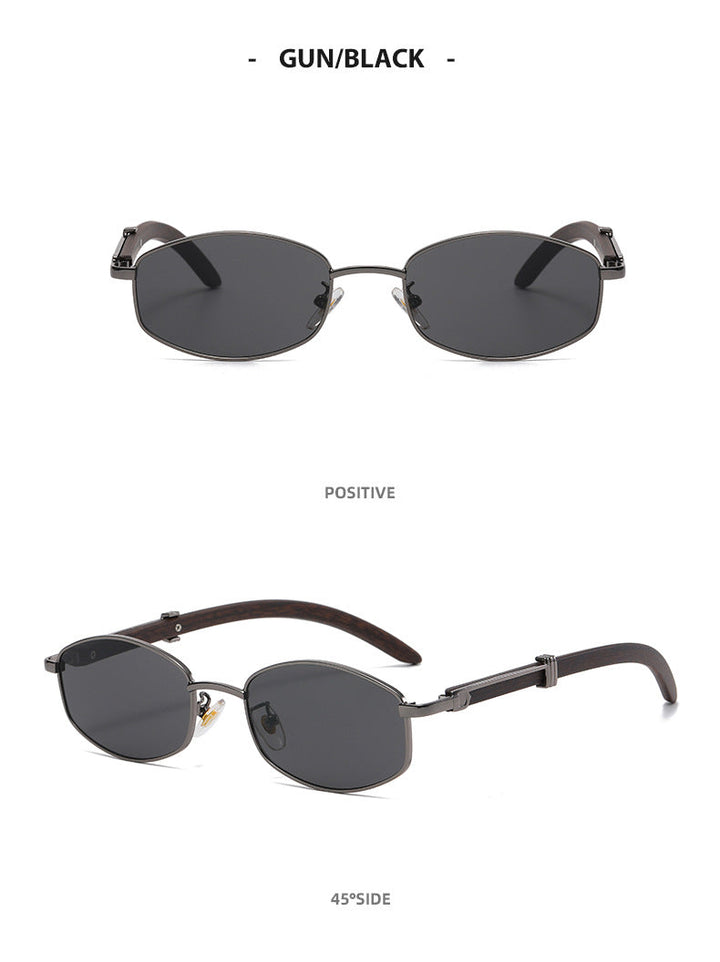 Two views of vintage-inspired sunglasses with black, oval lenses and thin gold-tone frames; the top image shows the front view, while the bottom image displays a 45-degree side view with dark arms and nose pads. UV400 protection included.