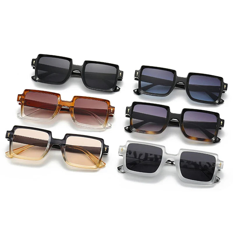 Six pairs of retro sunglasses featuring rectangular frames in black, brown, gradient blue, clear beige, and white—each offering UV400 protection—are arranged in two rows on a white background.