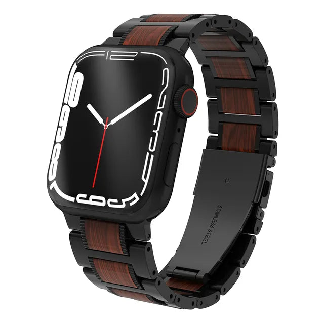 A black smartwatch with a rectangular display showing white stylized numbers and a red second hand, featuring an adjustable watch band made of black metal with brown wood inlays.