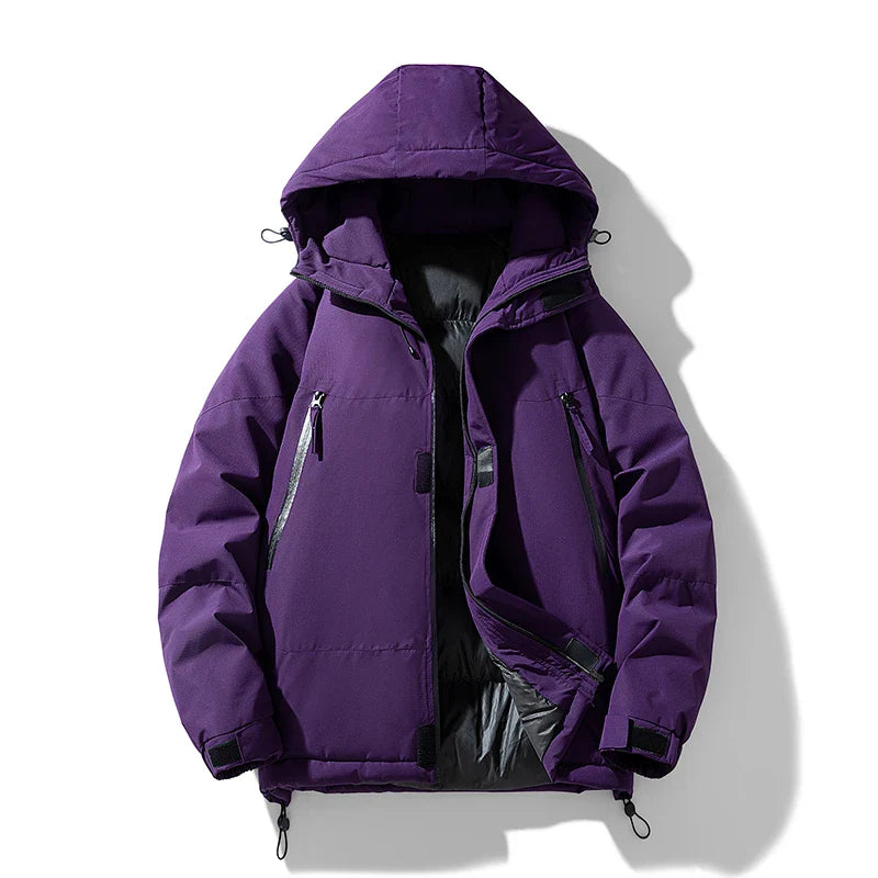 A purple insulated winter jacket with a detachable hood, black zippers, and adjustable cuffs, displayed on a white background with the front partially unzipped to reveal a sleek black lining.