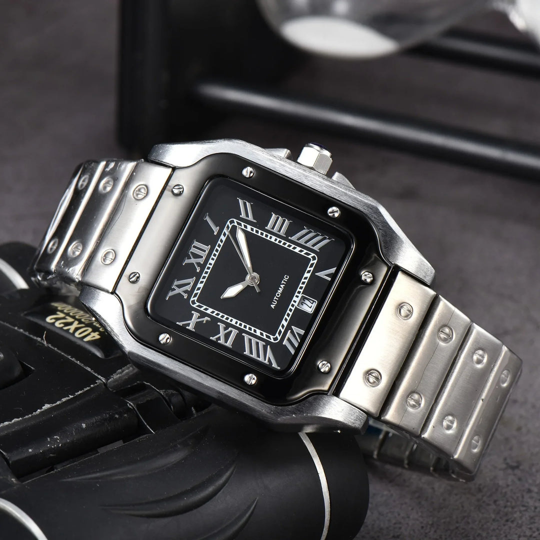 A silver metal wristwatch with a rectangular black face, Roman numeral hour markers, and three silver hands, displayed on a dark surface. Swiss Craftsmanship and visible screws enhance its bezel and band.