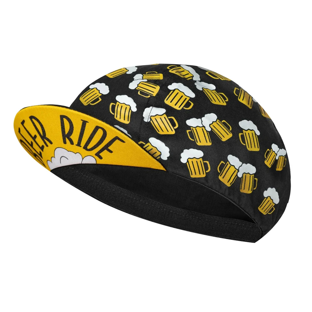 A quick-drying black cycling cap decorated with illustrated beer mugs and a yellow visor that reads “BEER RIDE” in large black letters, offering both style and sun protection on every ride.