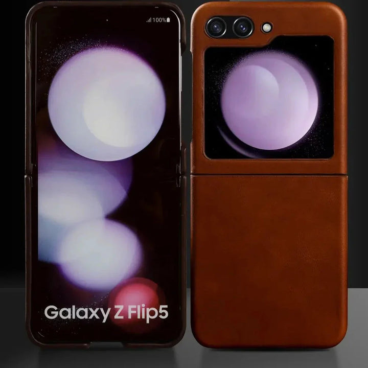 A Samsung Galaxy Z Flip5 smartphone in a genuine leather case is shown, offering shockproof protection. The main screen displays blurred circular lights and the text Galaxy Z Flip5, with the back showcasing a large camera area and small external display.
