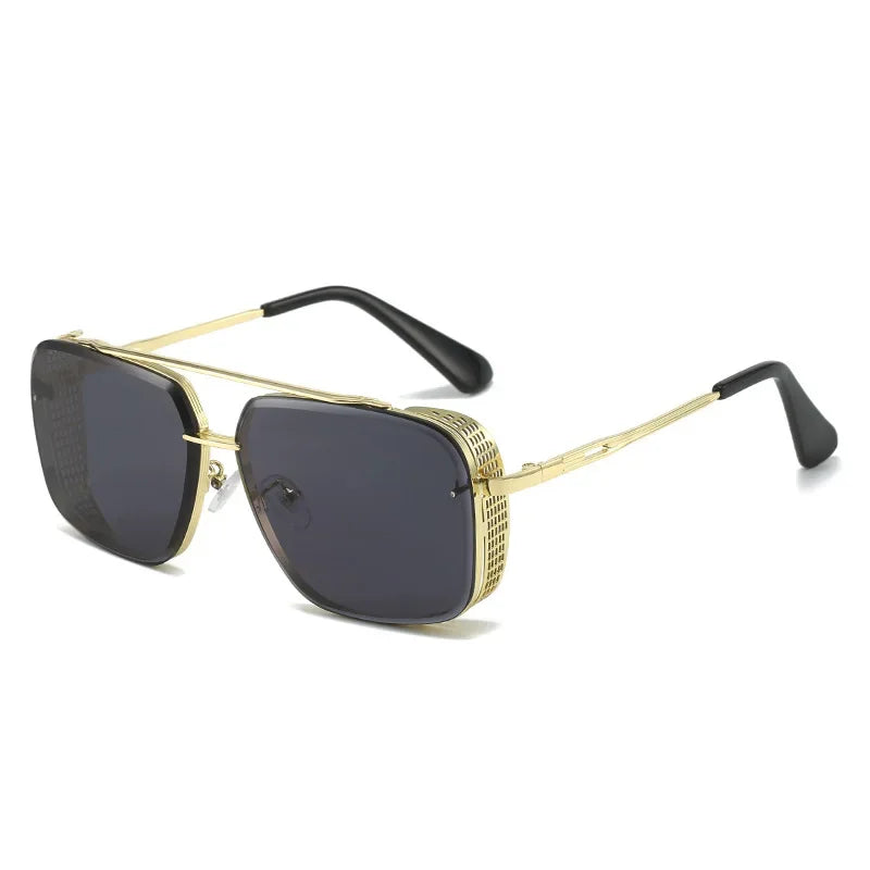 Gold-framed rectangular unique sunglasses with dark lenses and black temple tips, featuring a perforated gold side design. Enjoy standout style and essential UV protection in these limited-edition sunglasses.