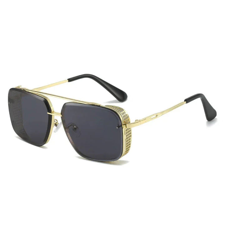 Gold-framed rectangular unique sunglasses with dark lenses and black temple tips, featuring a perforated gold side design. Enjoy standout style and essential UV protection in these limited-edition sunglasses.