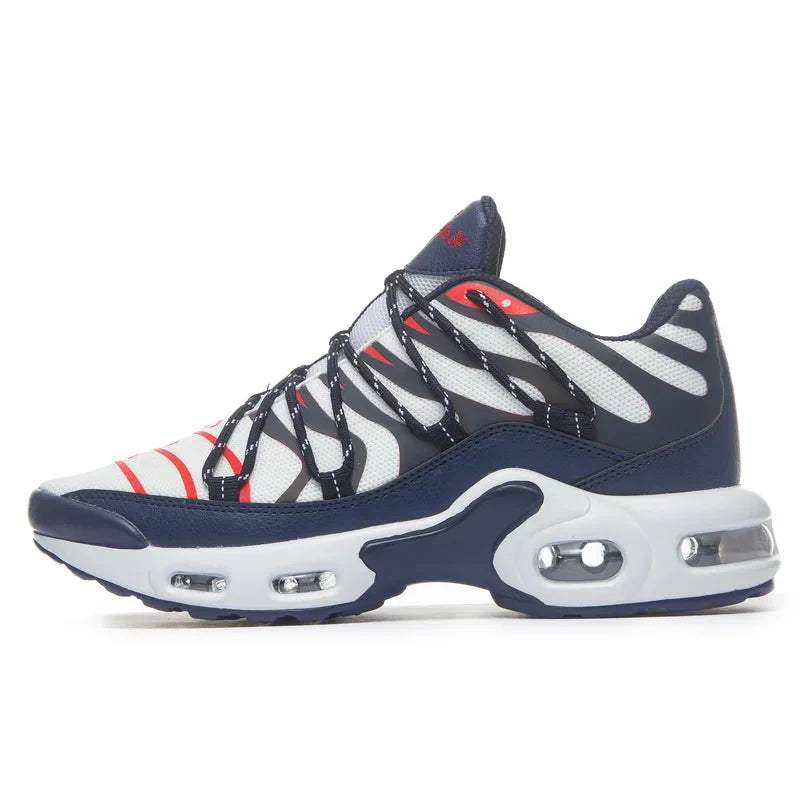 A stylish athletic sneaker featuring a breathable mesh upper with black and red wavy stripes, navy blue overlays, a cushioned midsole, and a white sole with visible air cushioning units in the heel and forefoot.