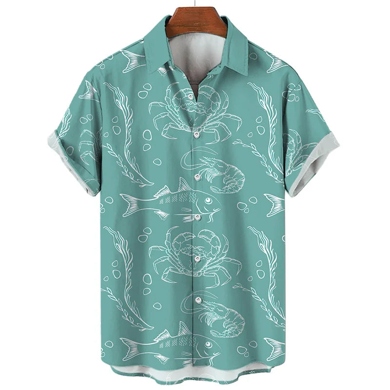 A summer-ready, short-sleeve teal button-up shirt with white line drawings of sea creatures—fish, crabs, shrimp, seaweed, and bubbles—brings an ocean-inspired vibe to your wardrobe. Displayed on a wooden hanger.