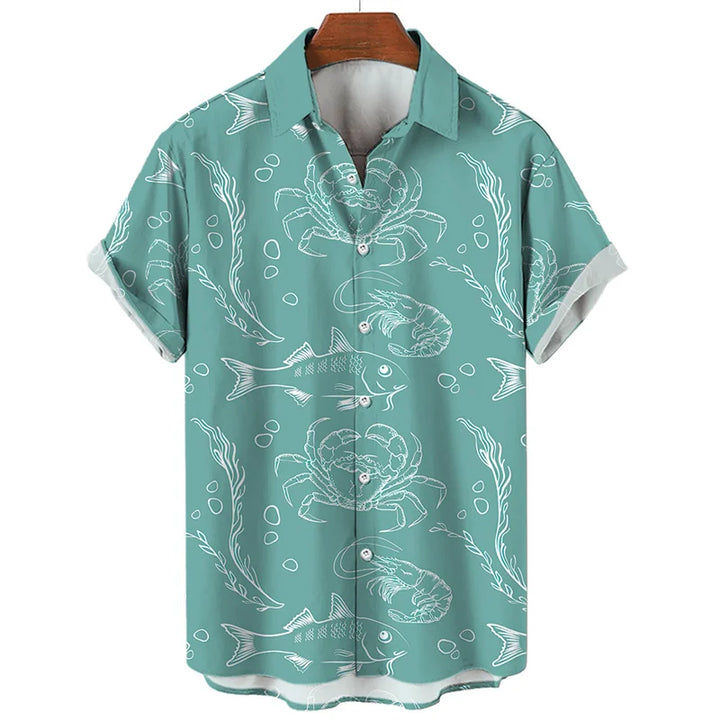 A summer-ready, short-sleeve teal button-up shirt with white line drawings of sea creatures—fish, crabs, shrimp, seaweed, and bubbles—brings an ocean-inspired vibe to your wardrobe. Displayed on a wooden hanger.