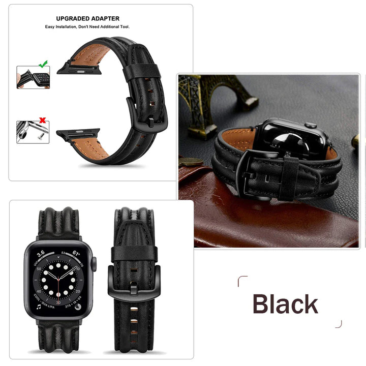 Black leather Apple Watch band shown in multiple angles, with close-ups of the upgraded adapter, front, back, and a lifestyle image on a brown surface. Text reads Black and UPGRADED ADAPTER—a truly stylish Apple Watch strap.