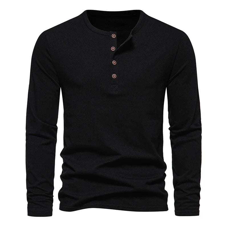 A black long-sleeve Henley shirt featuring a classic design with four buttons on the placket and a round neckline, displayed on a plain white background.