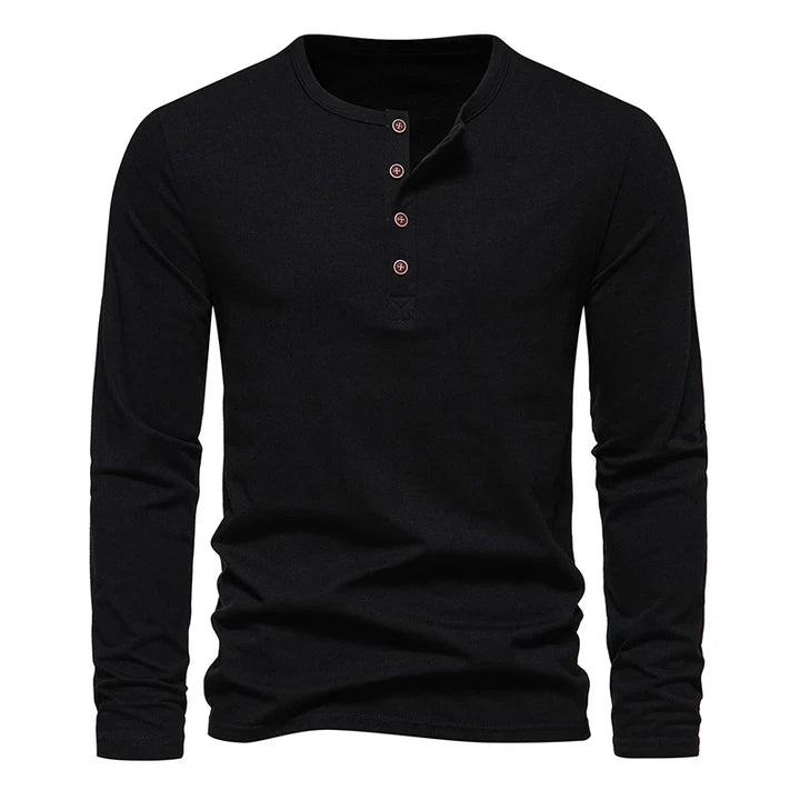 A black long-sleeve Henley shirt featuring a classic design with four buttons on the placket and a round neckline, displayed on a plain white background.