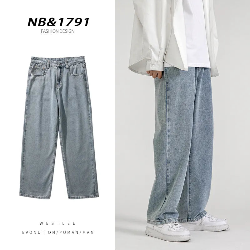Two images: on the left, premium denim wide-leg jeans in a vintage wash laid flat; on the right, a person wears these relaxed fit jeans with a white shirt and sneakers. Text: NB&1791 FASHION DESIGN.