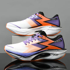 Two modern running shoes with white uppers, orange gradient details, black accents, and purple highlights are displayed side by side on a gray surface, featuring an ultra-lightweight build and shock-absorbing sole for enhanced comfort and performance.