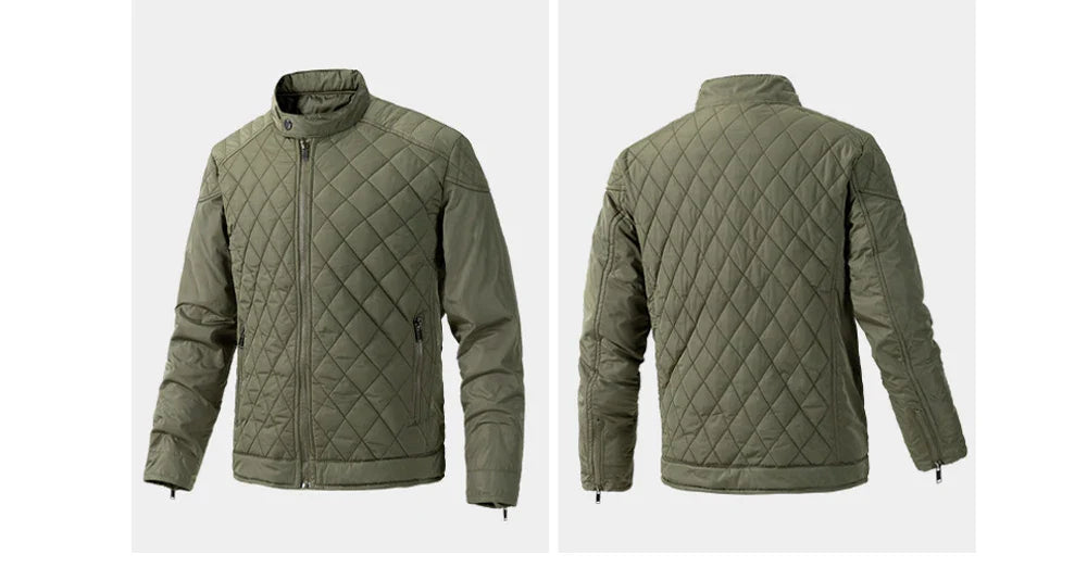 Olive green quilted slim-fit jacket shown from the front and back. The wind-resistant jacket features a zip-up closure, vertical side pockets, stand collar, and a diamond stitch pattern throughout.