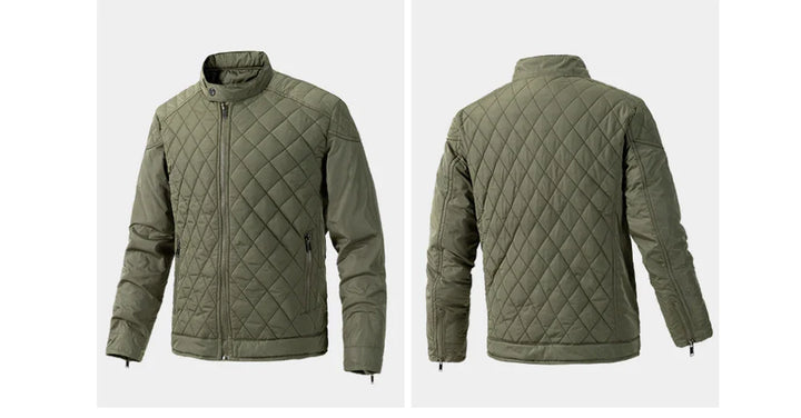 Olive green quilted slim-fit jacket shown from the front and back. The wind-resistant jacket features a zip-up closure, vertical side pockets, stand collar, and a diamond stitch pattern throughout.