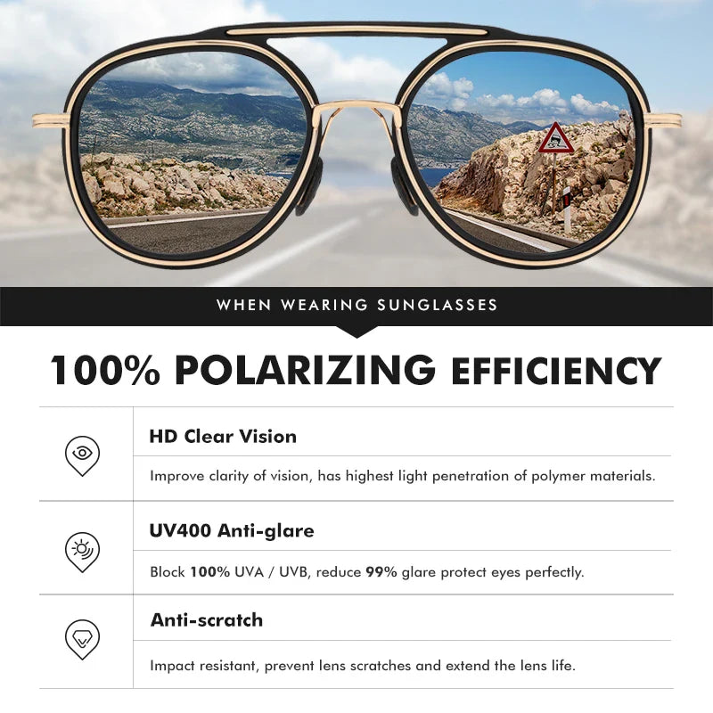 A pair of polarized sunglasses shows a road and mountains, with clearer, more vibrant scenery visible through the lenses. Text below highlights benefits: HD clear vision, UV400 anti-glare, and anti-scratch features.