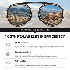 A pair of polarized sunglasses shows a road and mountains, with clearer, more vibrant scenery visible through the lenses. Text below highlights benefits: HD clear vision, UV400 anti-glare, and anti-scratch features.