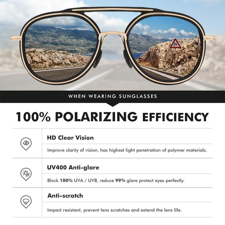 A pair of polarized sunglasses shows a road and mountains, with clearer, more vibrant scenery visible through the lenses. Text below highlights benefits: HD clear vision, UV400 anti-glare, and anti-scratch features.