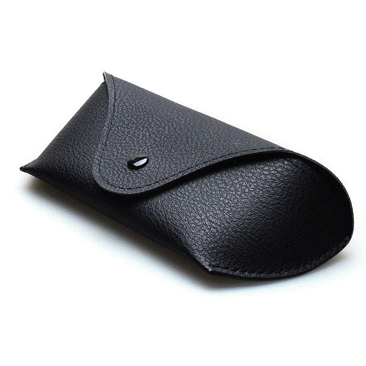 A black, textured vegan leather sunglasses case with a rounded flap secured by a black button, shown on a white background. Protective and stylish for your eyewear.