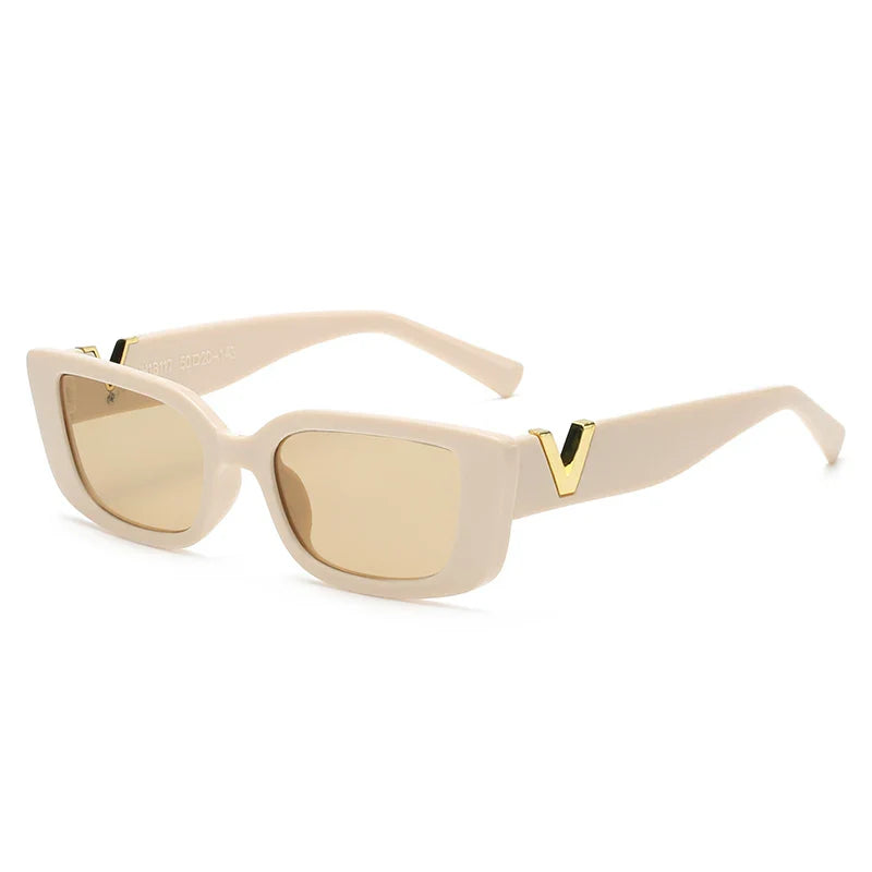 Beige rectangular designer sunglasses with geometric frames, gold-tinted lenses, UV400 protection, and a gold V detail on the temples.