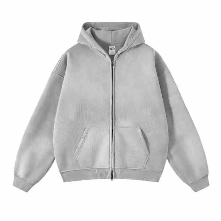 A plain light gray zip-up hoodie with a relaxed fit, front zipper, two front pockets, and a hood, laid flat on a white background.