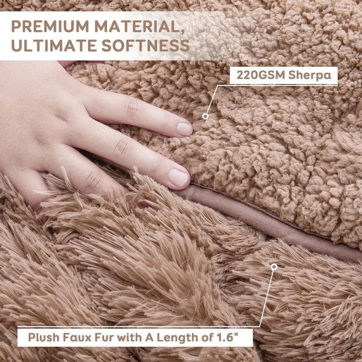 A hand touches a brown Sherpa Weighted Blanket, highlighting two textures: 220GSM Sherpa on top and plush faux fur with a 1.6 length underneath. Text describes the materials as premium and ultimately soft.
