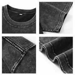 Four close-up shots of a black, acid-washed t-shirt made from premium cotton, showing the collar, sleeve, hem, and stitching details, highlighting its fabric texture, distressed seams, and relaxed oversized fit.