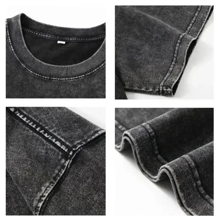 Four close-up shots of a black, acid-washed t-shirt made from premium cotton, showing the collar, sleeve, hem, and stitching details, highlighting its fabric texture, distressed seams, and relaxed oversized fit.
