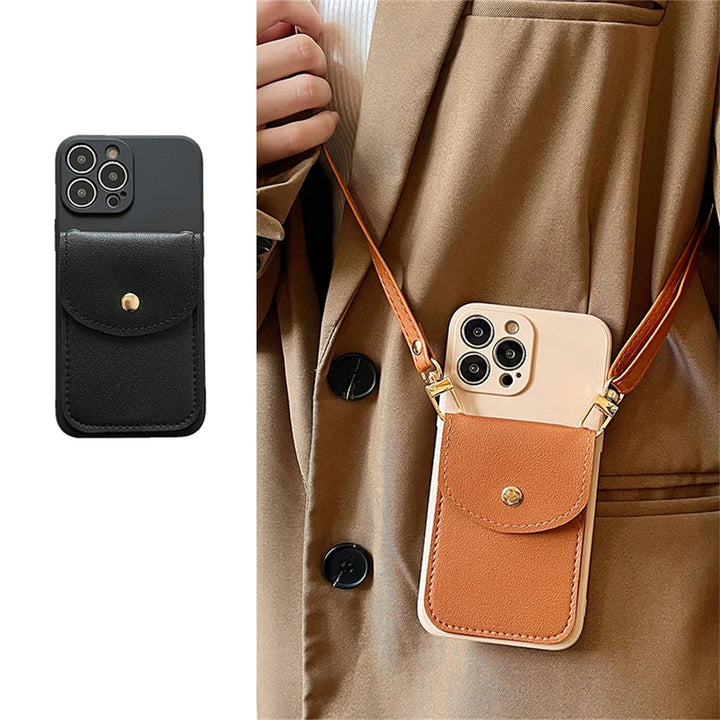 Two smartphone cases with attached pouches and leather detachable straps are shown: one in black on the left, and one in tan, worn crossbody by a person in a brown coat. Both feature a buttoned flap pocket for use as a phone case wallet.