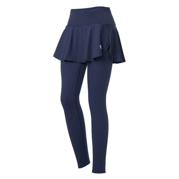 Navy blue skirted leggings with an attached matching flared skirt, displayed on a white background. The skirt sits at the waist, offering high-waisted support, and the leggings are full-length.