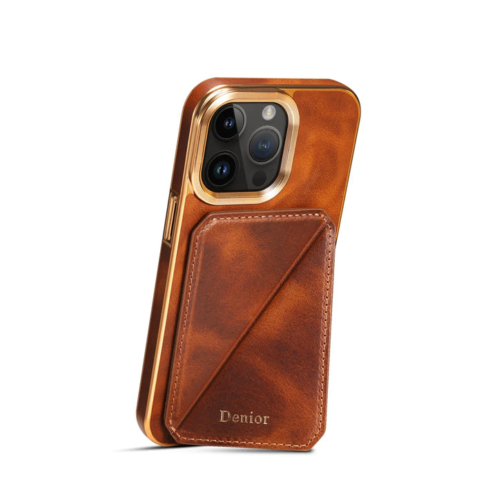 A smartphone in a gold-colored case with a brown cowhide leather card holder attached to the back, embossed with the word Denior. The phone’s camera module is visible at the top.