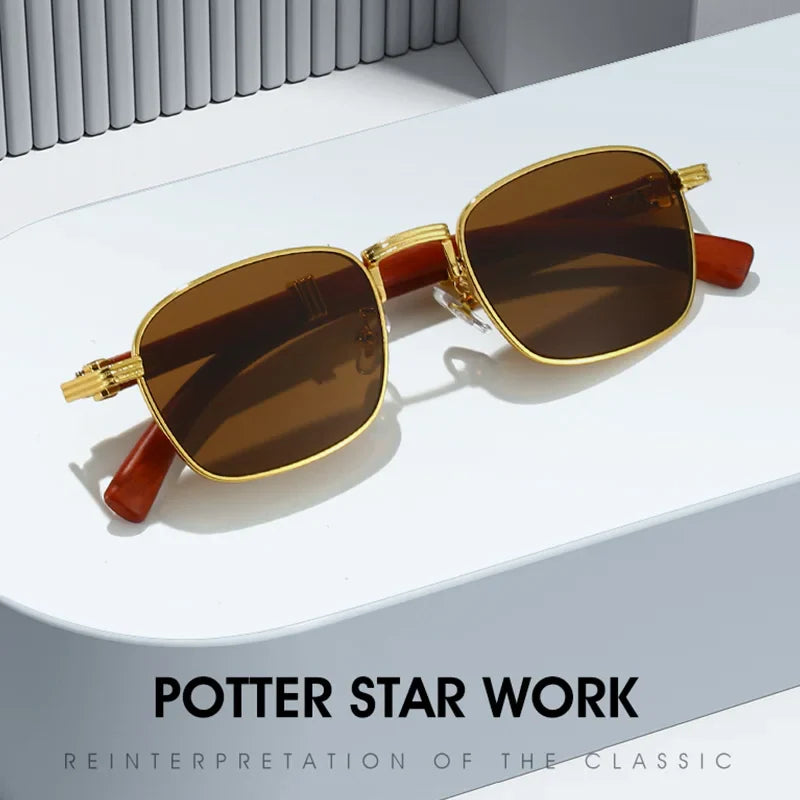 A pair of square retro sunglasses with gold-rimmed, wooden and metal frames, brown lenses, and reddish-brown arms rests on a white modern surface. Text below reads POTTER STAR WORK and REINTERPRETATION OF THE CLASSIC.