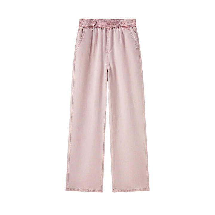 Light pink wide-leg pants crafted from breathable denim, featuring an elastic waistband and side pockets, displayed on a plain white background.