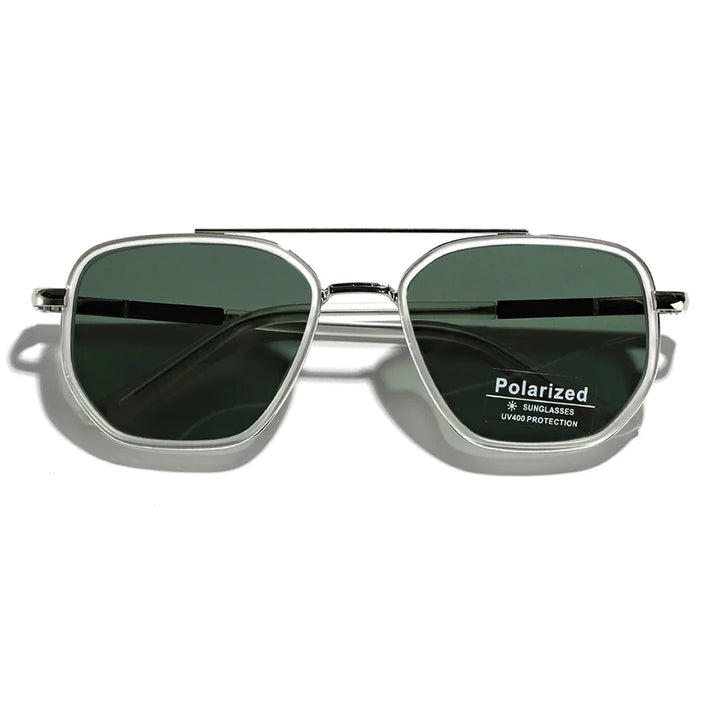 Silver aviator-style sunglasses with dark green lenses, featuring a sticker on the right lens that reads Polarized Sunglasses UV400 Protection. These retro style TR90 Polarized Sunglasses are displayed against a white background.