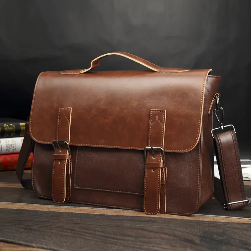 A brown satchel crafted from premium leather with a handle, adjustable shoulder strap, and two front buckle closures, rests on a wooden surface against a dark background.
