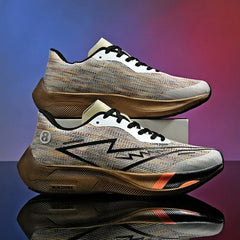 A pair of multicolored running shoes with black laces and zigzag patterns on the side, featuring lightweight construction, displayed against a gradient purple and red background, with one shoe stacked on top of the other.