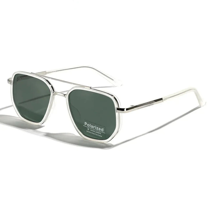 Silver-framed TR90 Polarized Sunglasses with dark, polarized lenses are displayed at an angle on a white background. A sticker on the lens reads Polarized UV400 Protection, highlighting their retro style and superior eye protection.
