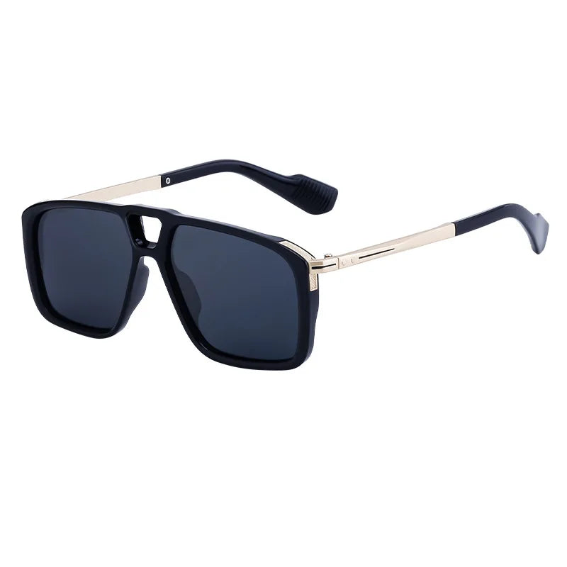 A pair of limited-edition eyewear sunglasses with large, square black frames, dark lenses, and gold metal arms with black tips, offering stylish UV protection.