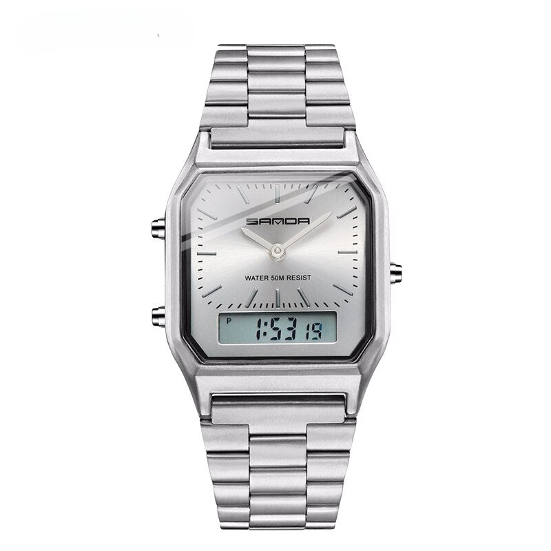 A silver dual display wristwatch with analog and digital screens, featuring a square face and the brand name Samda. This waterproof sports watch shows 13:19 on its digital display, combining style and function for everyday wear.