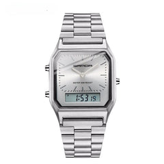 A silver dual display wristwatch with analog and digital screens, featuring a square face and the brand name Samda. This waterproof sports watch shows 13:19 on its digital display, combining style and function for everyday wear.