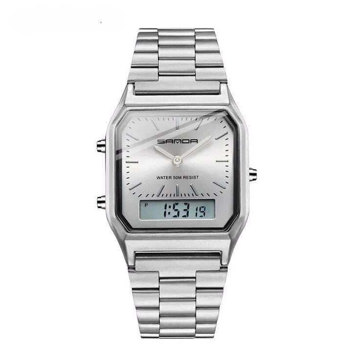 A silver dual display wristwatch with analog and digital screens, featuring a square face and the brand name Samda. This waterproof sports watch shows 13:19 on its digital display, combining style and function for everyday wear.