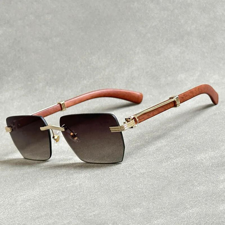 A pair of sunglasses with wooden frame and sleek wooden temples.