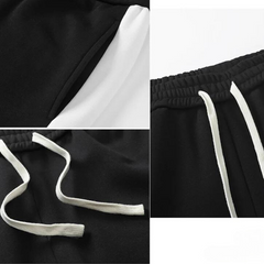 Close-up collage of black sweatpants in soft cotton blend, featuring a white pocket lining and drawstrings, elastic waistband, and relaxed fit—perfect for casual loungewear.