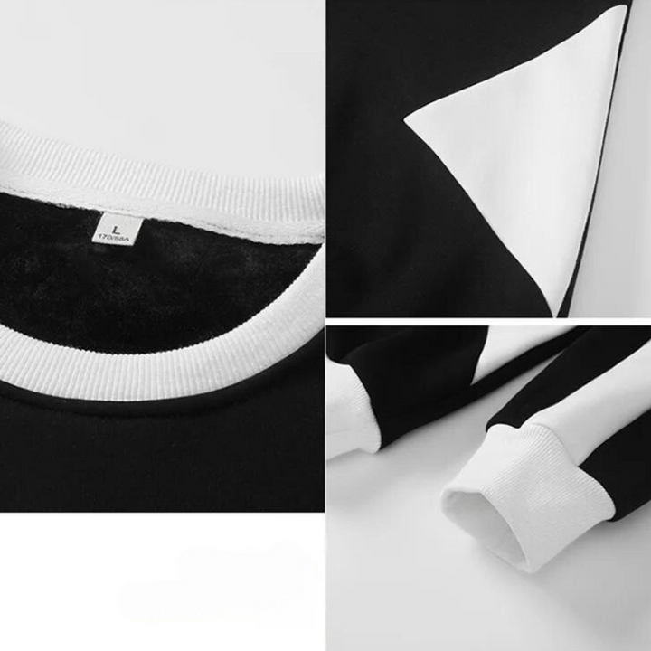 Close-up collage of a black and white sweatshirt crafted from a soft cotton blend, featuring the collar with a size label, a white triangular detail on the chest, and sleeve cuffs with contrasting white trim.