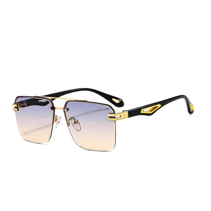 A pair of stylish rectangular sunglasses with gold and black frames, rectangular gradient UV400 protection lenses, and decorative gold accents on the temples, set against a white background.