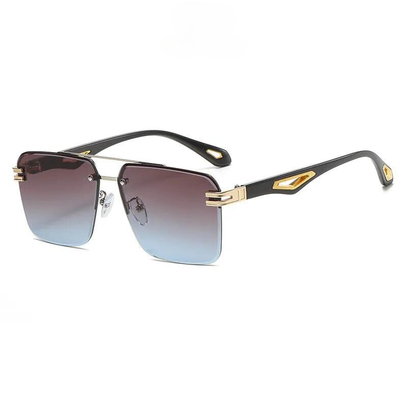 Stylish rectangular sunglasses with black and gold temples and gradient, scratch resistant lenses that provide UV400 protection. The frame features a modern, rimless design with elegant gold accents.