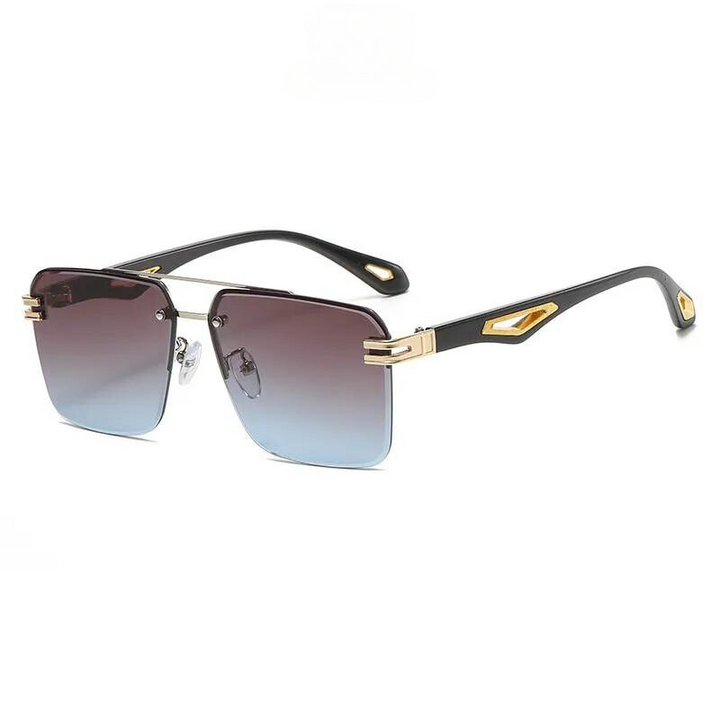 Stylish rectangular sunglasses with black and gold temples and gradient, scratch resistant lenses that provide UV400 protection. The frame features a modern, rimless design with elegant gold accents.