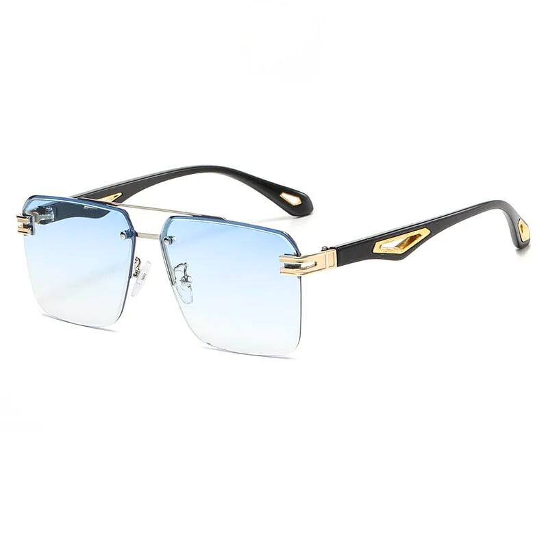 Rectangular sunglasses with gradient blue, scratch resistant lenses, black arms, and gold accents on the hinges and temple tips, displayed on a white background.