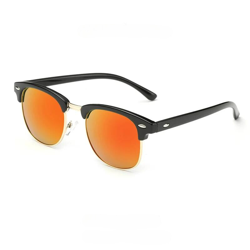 Black vintage sunglasses with a retro half-frame design and orange mirrored, polarized lenses for UV protection, displayed on a white background.